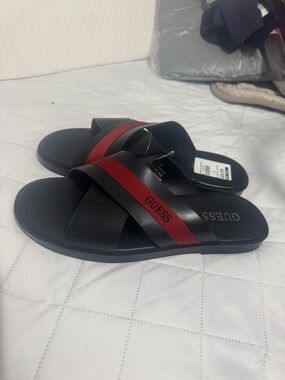 Guess Black Slides with Red Accent Strap